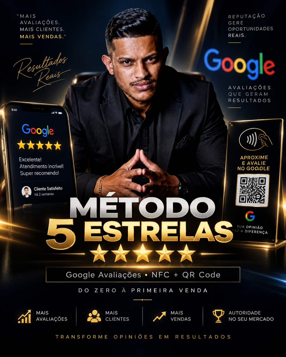 Arte de divulgação do Método 5 Estrelas, com Vinicius Xavier e representações de celular, avaliações e plaquinha NFC com QR code.