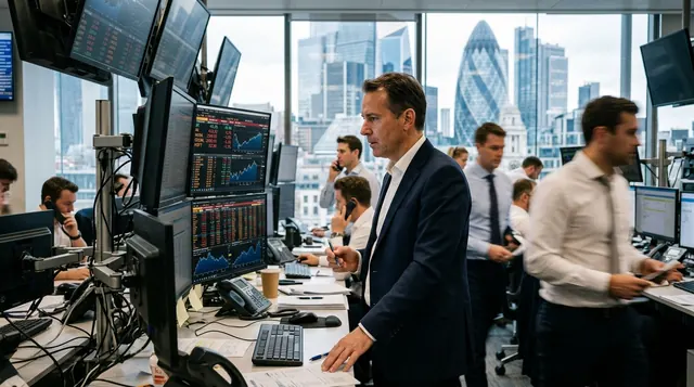 Profissionais do mercado financeiro trabalhando em mesas de negociação