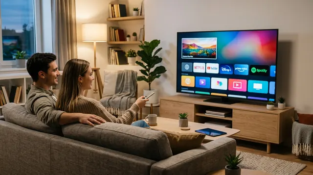 Pessoas acompanhando programação de televisão em casa